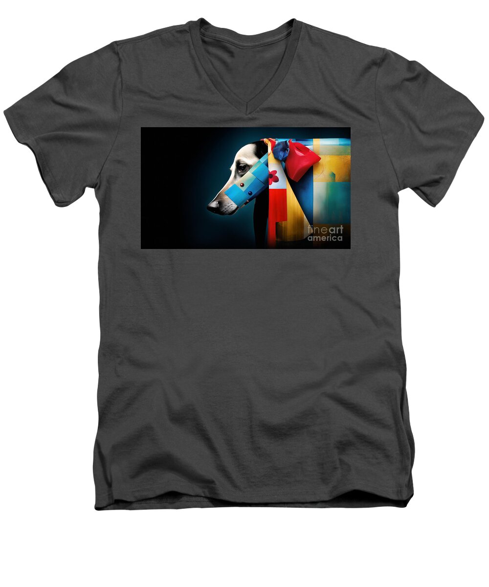 Dog Men's V-Neck T-Shirt featuring the digital art A dog's portrait is artistically merged with colorful geometric patterns by Odon Czintos