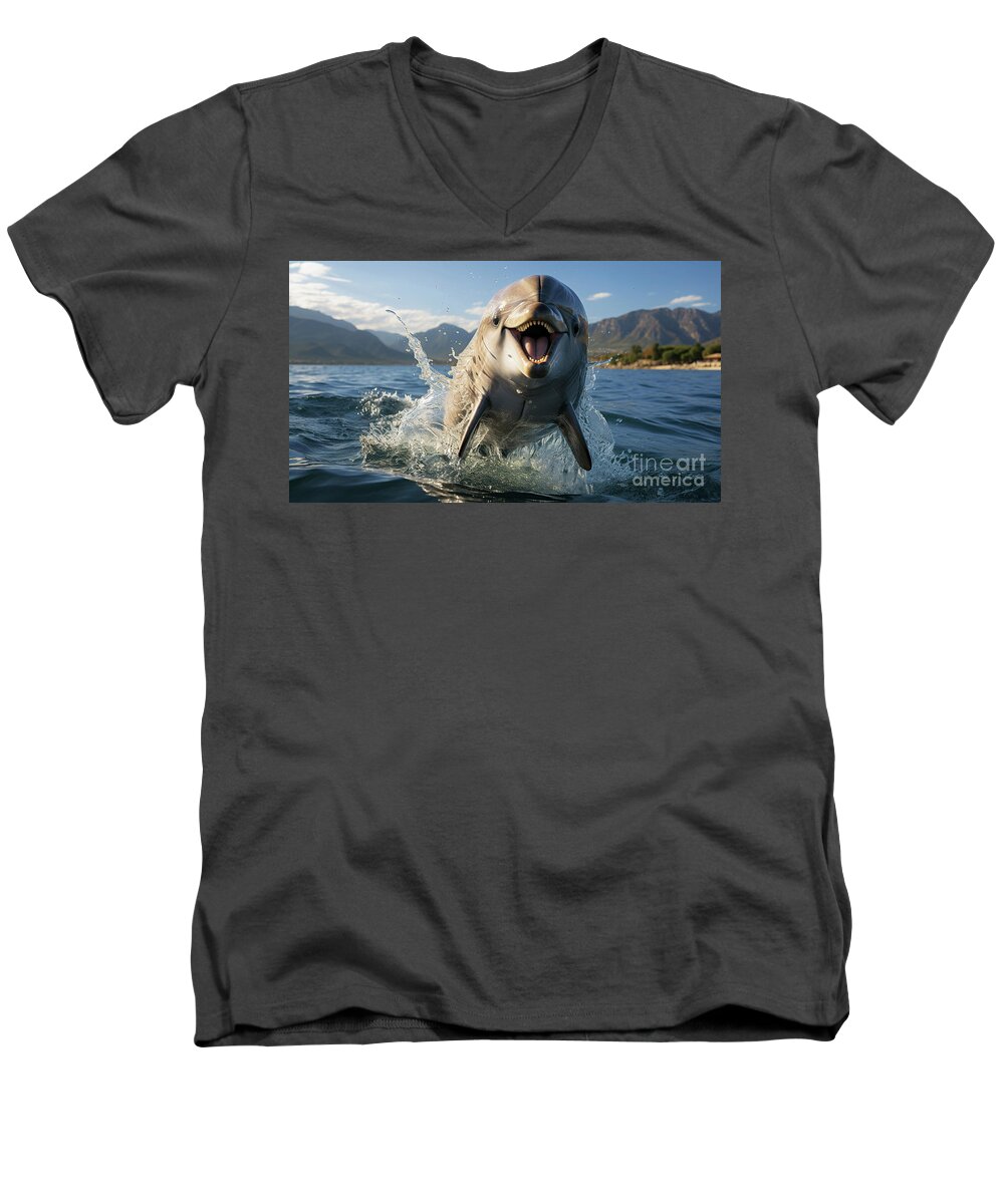 Dolphin Men's V-Neck T-Shirt featuring the digital art A dolphin jumps out of the sea water. by Odon Czintos