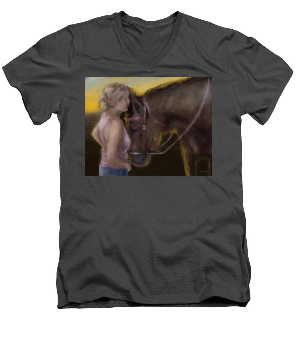 Horse Men's V-Neck T-Shirt featuring the digital art A Girl And Her Horse by Larry Whitler