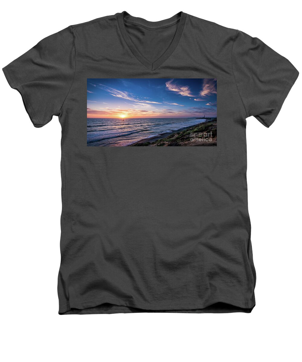 Beach Men's V-Neck T-Shirt featuring the photograph A Glorious Sunset at North Ponto, Carlsbad State Beach by David Levin