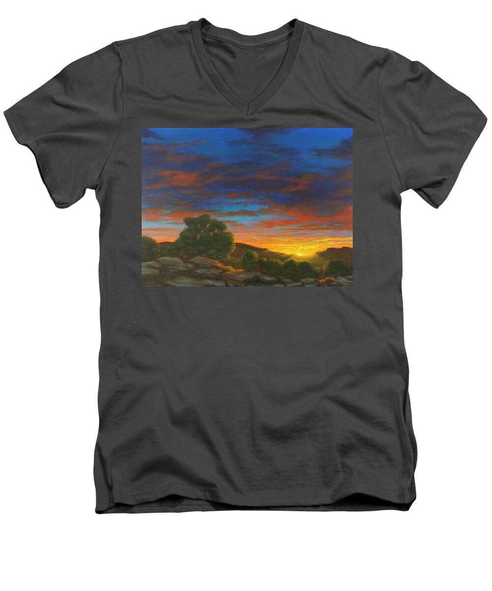Sunset Landscape Men's V-Neck T-Shirt featuring the painting A Moment in Time by Jack Malloch