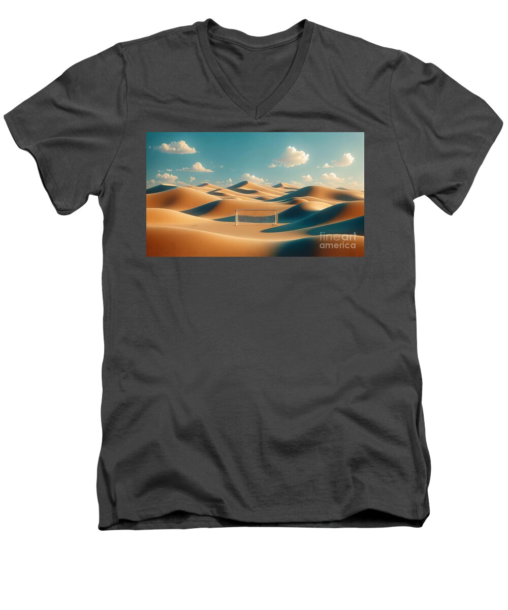 Soccer Men's V-Neck T-Shirt featuring the digital art A single soccer goal stands alone in the middle of rolling sand dunes under a clear sky by Odon Czintos
