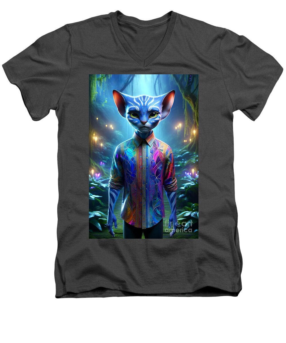 Humanoid Cat Men's V-Neck T-Shirt featuring the digital art A surreal portrait of an anthropomorphic cat by Odon Czintos