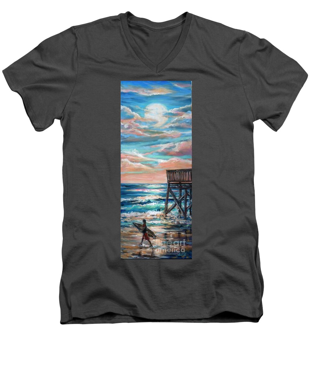 Beach Men's V-Neck T-Shirt featuring the painting AB Pier by Linda Olsen