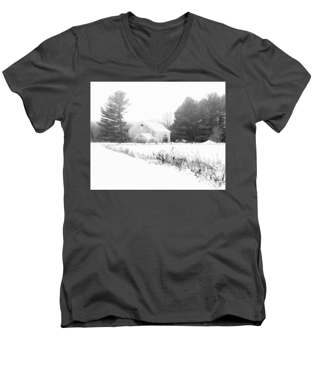 Snow Men's V-Neck T-Shirt featuring the photograph Abandoned Barn Winter Fog by Trey Foerster