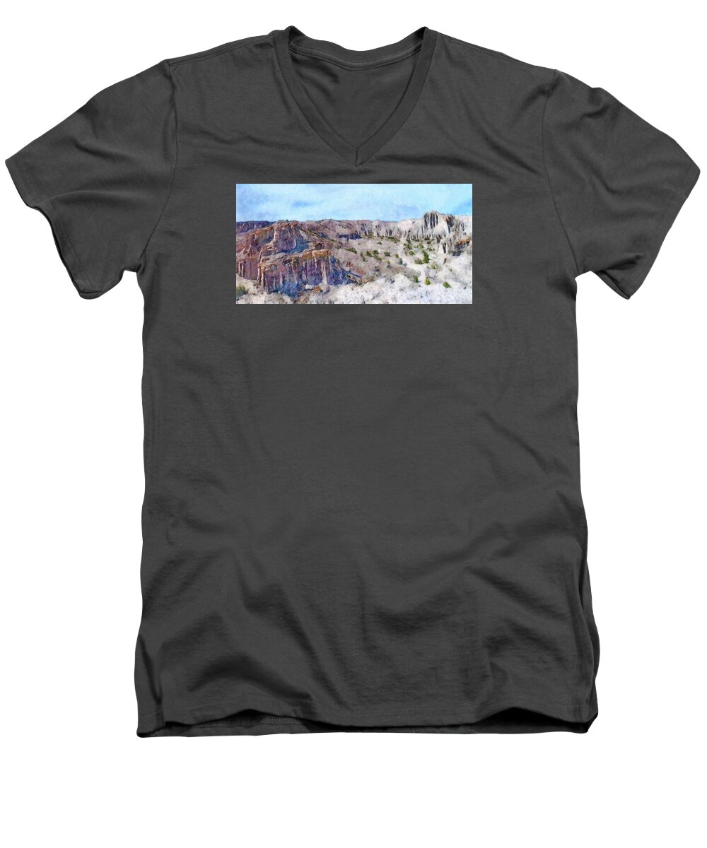 Landscape Men's V-Neck T-Shirt featuring the digital art Abiquiu White Place by Aerial Santa Fe