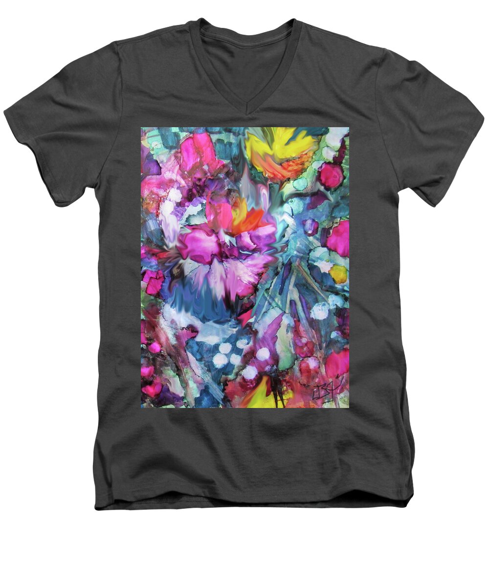 Waetercolor Men's V-Neck T-Shirt featuring the mixed media Abstract Flowers 225-Detail by Jean Batzell Fitzgerald