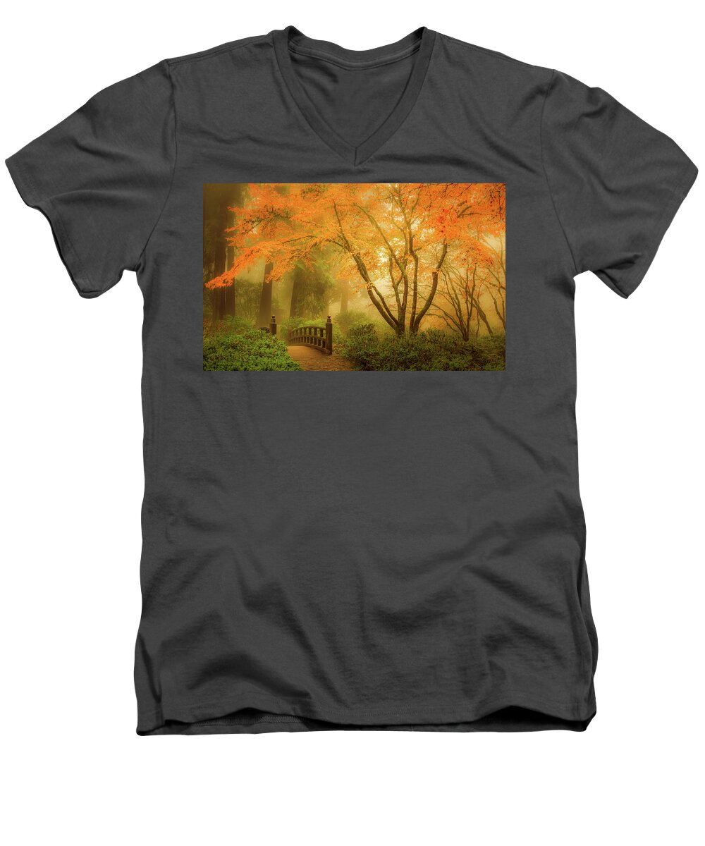 Autumn Colors Men's V-Neck T-Shirt featuring the photograph Across the Moon Bridge by Don Schwartz