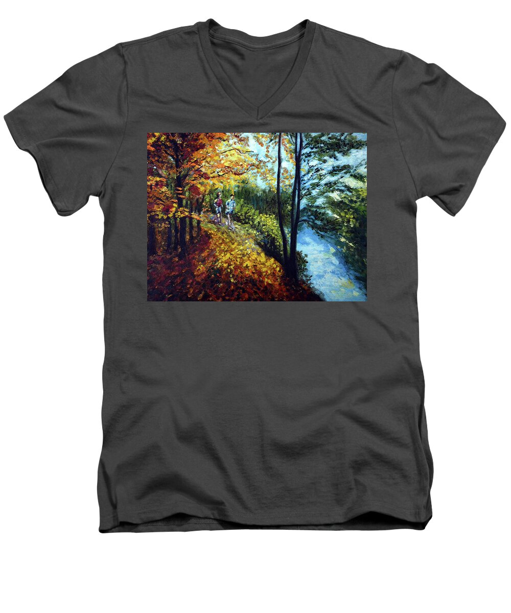 Lake Men's V-Neck T-Shirt featuring the painting Alley by the Lake 1 by Harsh Malik