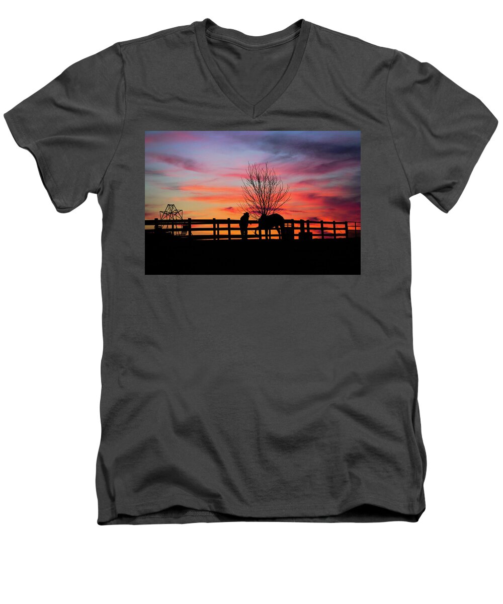 Sunset Men's V-Neck T-Shirt featuring the photograph Amishman and His Horse at Sunset by Tana Reiff