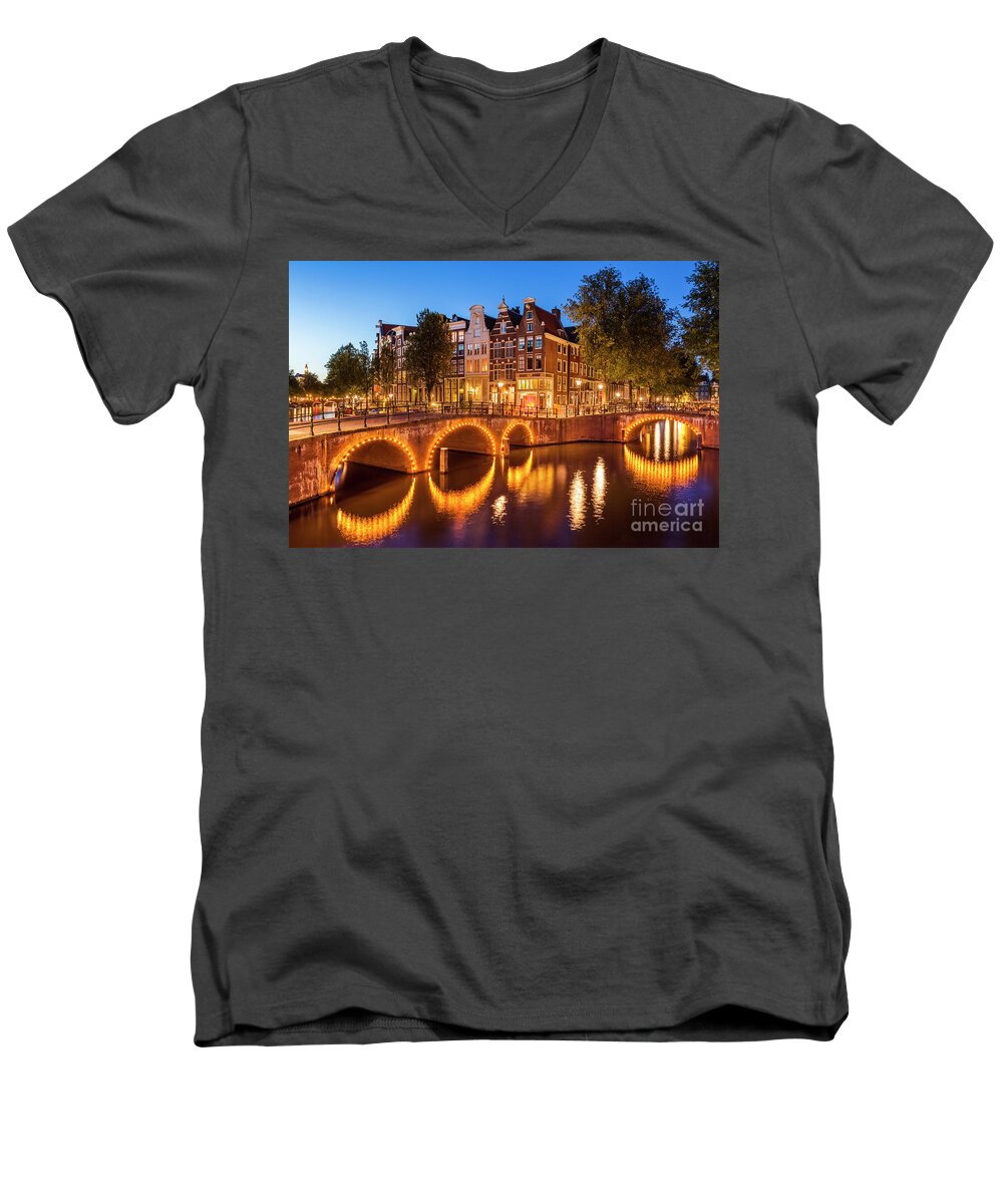 Amsterdam Men's V-Neck T-Shirt featuring the photograph Amsterdam bridges over the Keizersgracht canal by Neale And Judith Clark