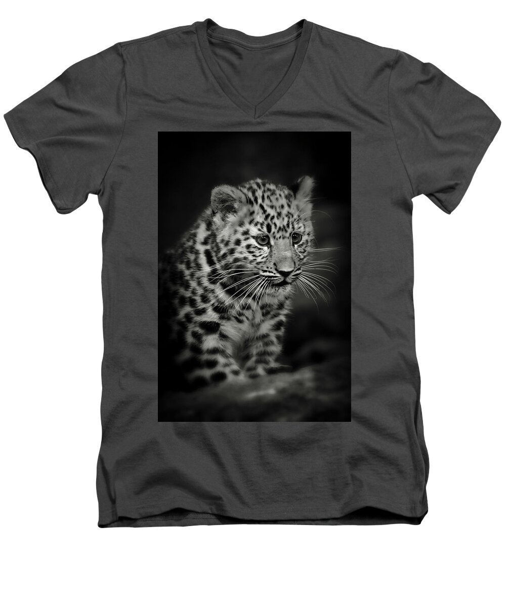 Amur Men's V-Neck T-Shirt featuring the photograph Amur Leopard Cub - Sepia by Chris Boulton