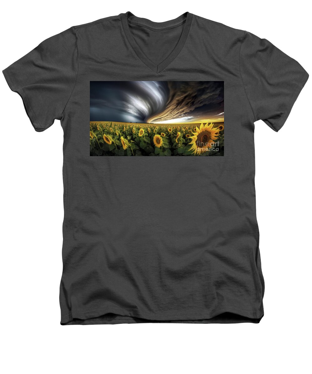  Tornado Men's V-Neck T-Shirt featuring the digital art An expansive field of sunflowers stretches out beneath a dramatic sky with swirling clouds by Odon Czintos
