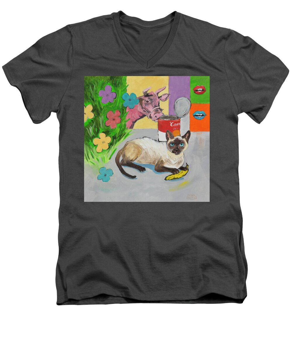 Pop Art Men's V-Neck T-Shirt featuring the painting Andy Warhol's cat by Susan Thomas