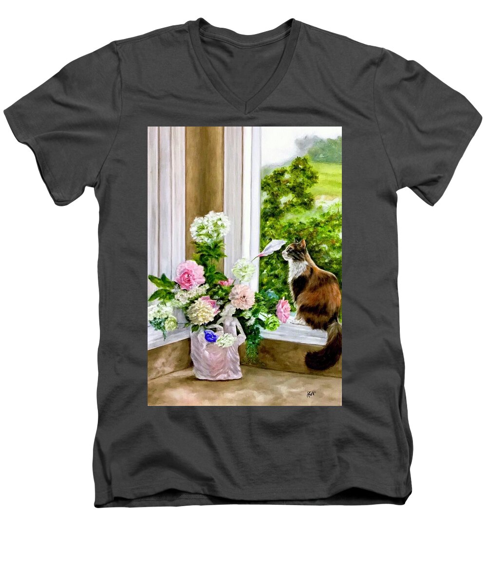 Calico Cat Men's V-Neck T-Shirt featuring the painting Anika by Dr Pat Gehr
