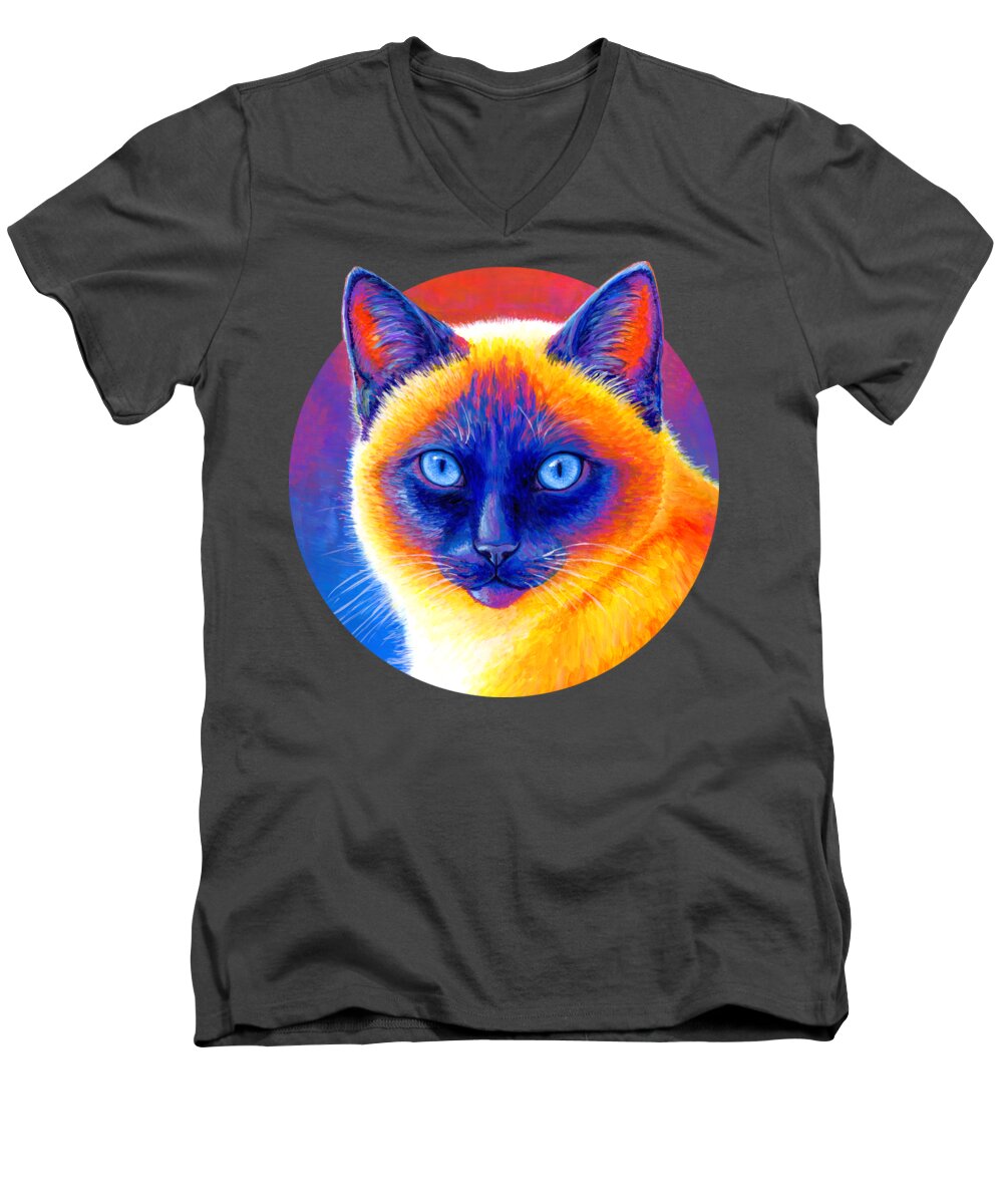 Siamese Cat Men's V-Neck T-Shirt featuring the painting Jewel of the Orient - Colorful Siamese Cat by Rebecca Wang