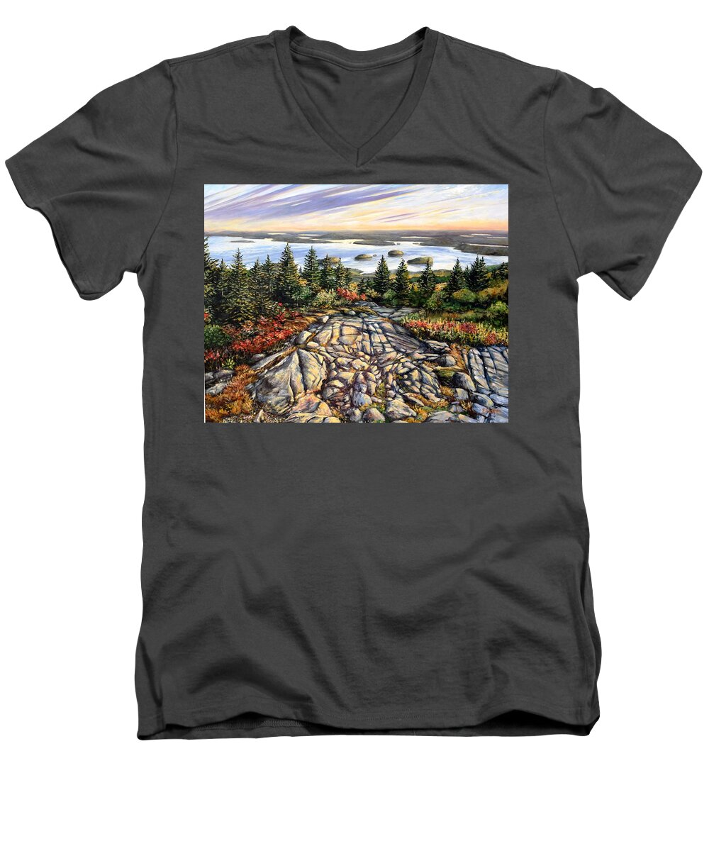 Cadillac Men's V-Neck T-Shirt featuring the painting Atop Cadillac Mountain by Eileen Patten Oliver