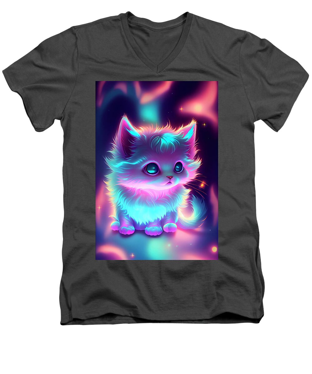 Cats Men's V-Neck T-Shirt featuring the digital art Aurora Kitty by Angie Tirado