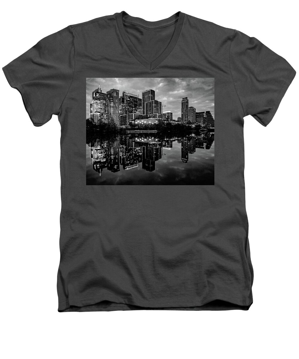Austin Men's V-Neck T-Shirt featuring the photograph Austin City Lights Black and White by Jerry Connally