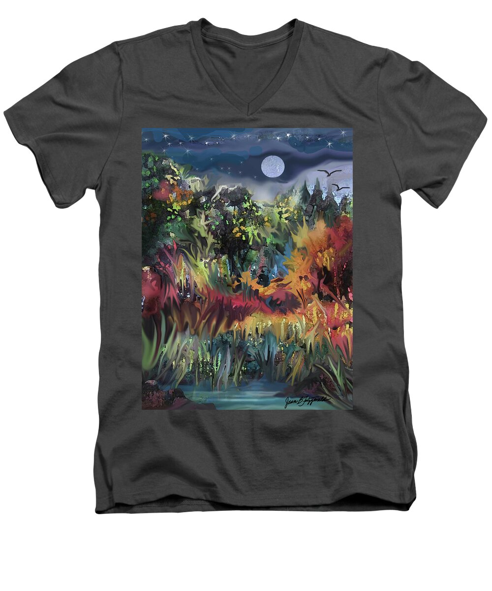 Abstract Expressionism Men's V-Neck T-Shirt featuring the digital art Autumn Twilight - 3 by Jean Batzell Fitzgerald