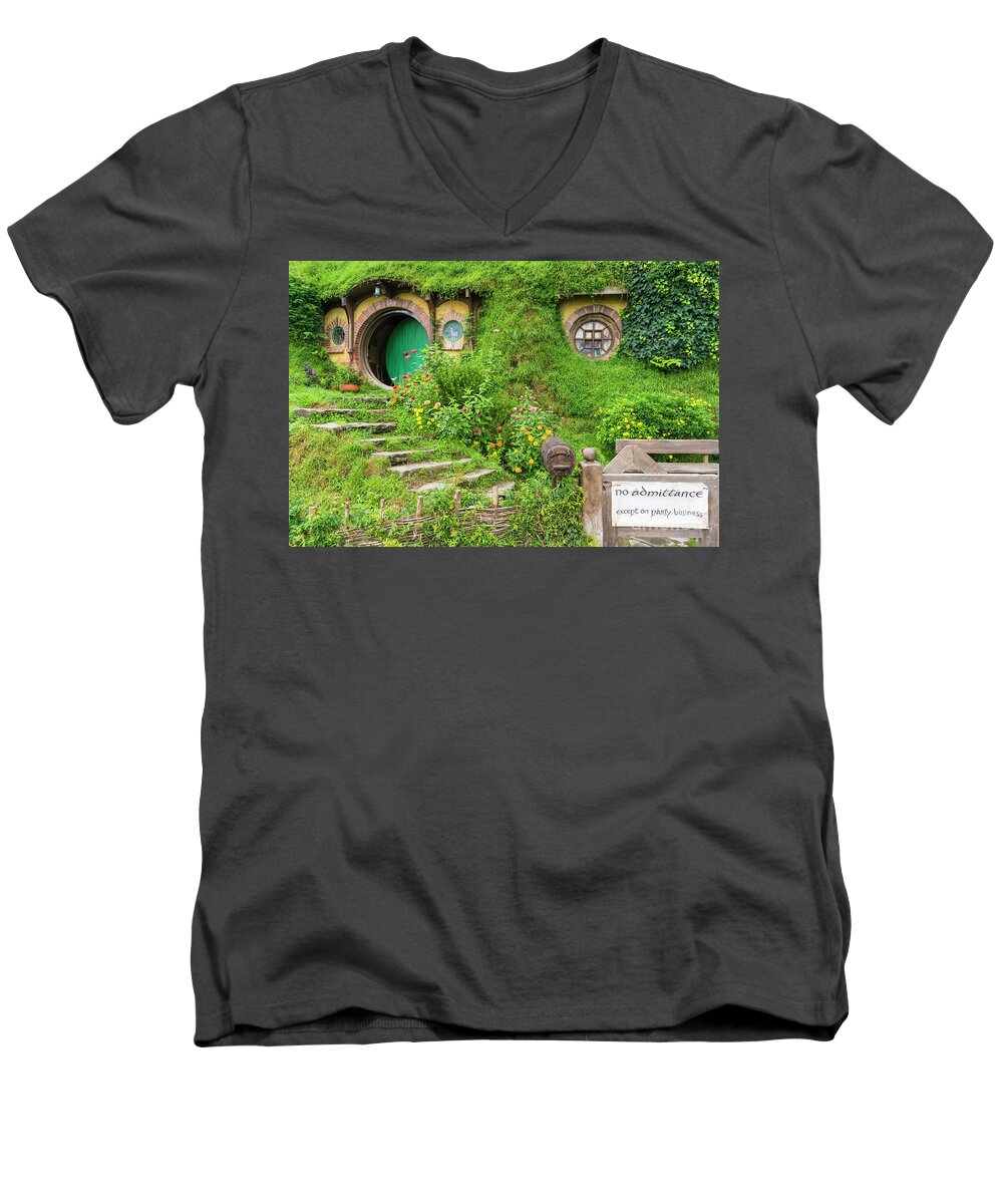Hobbiton Men's V-Neck T-Shirt featuring the photograph Bag End, Hobbiton, New Zealand by Neale And Judith Clark