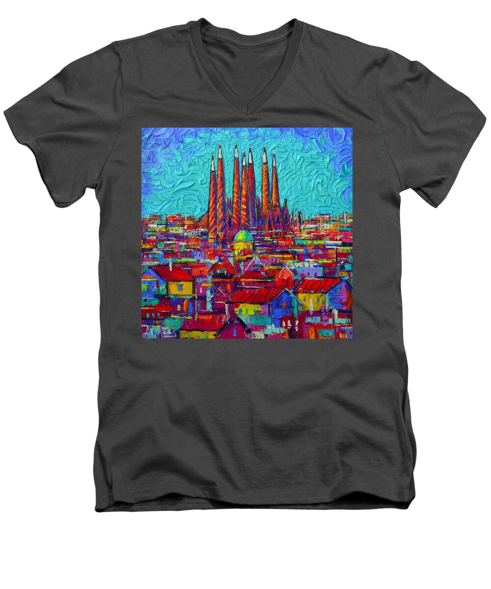 Barcelona Men's V-Neck T-Shirt featuring the painting Barcelona Abstract Cityscape - Sagrada Familia by Ana Maria Edulescu
