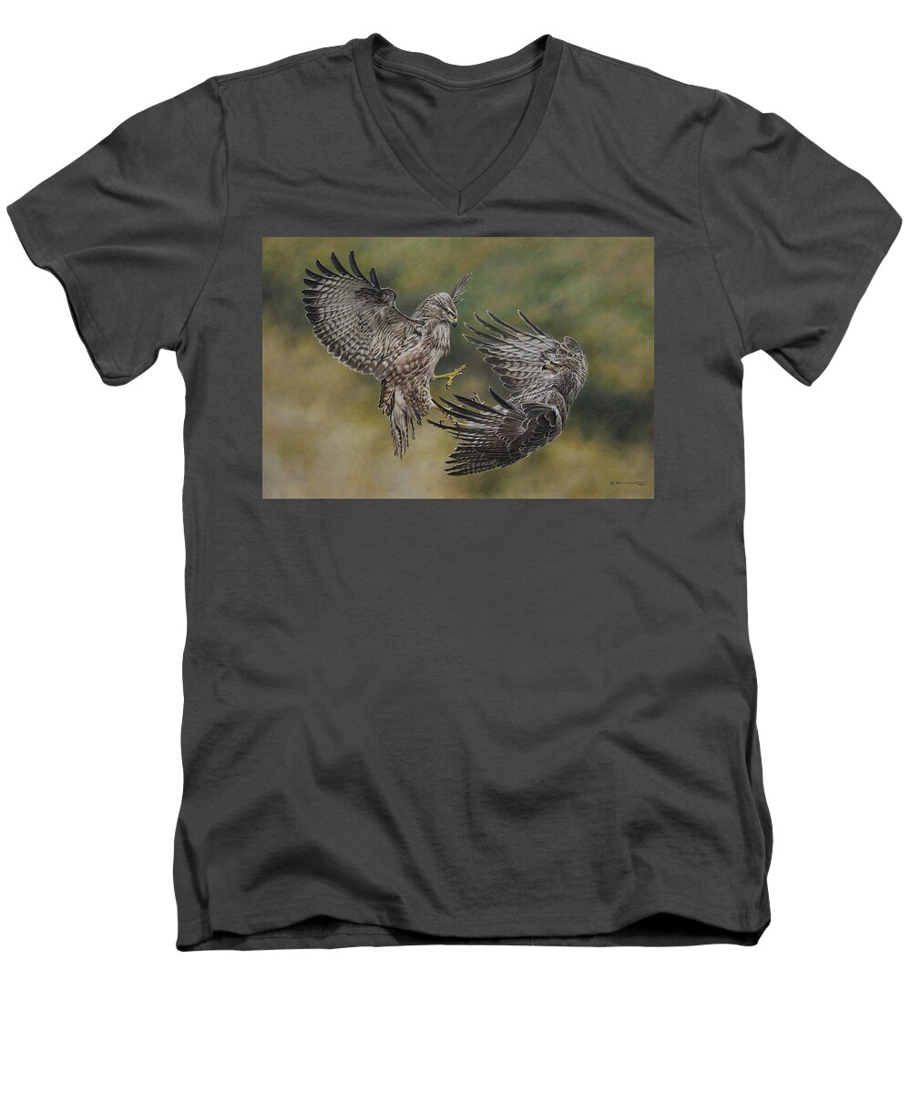 Buzzards Men's V-Neck T-Shirt featuring the painting Battling Buteos by Alan M Hunt
