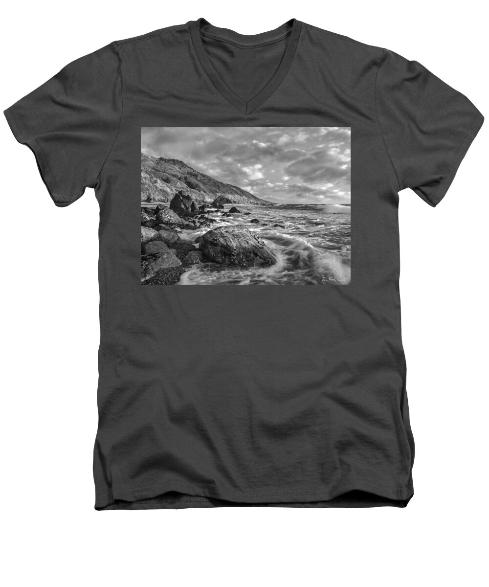 ©tim Fitzharris-00443065 -beach At Kirk Creek Beach Big Sur Ca Men's V-Neck T-Shirt featuring the photograph Beach at Kirk Creek, Big Sur California by Tim Fitzharris