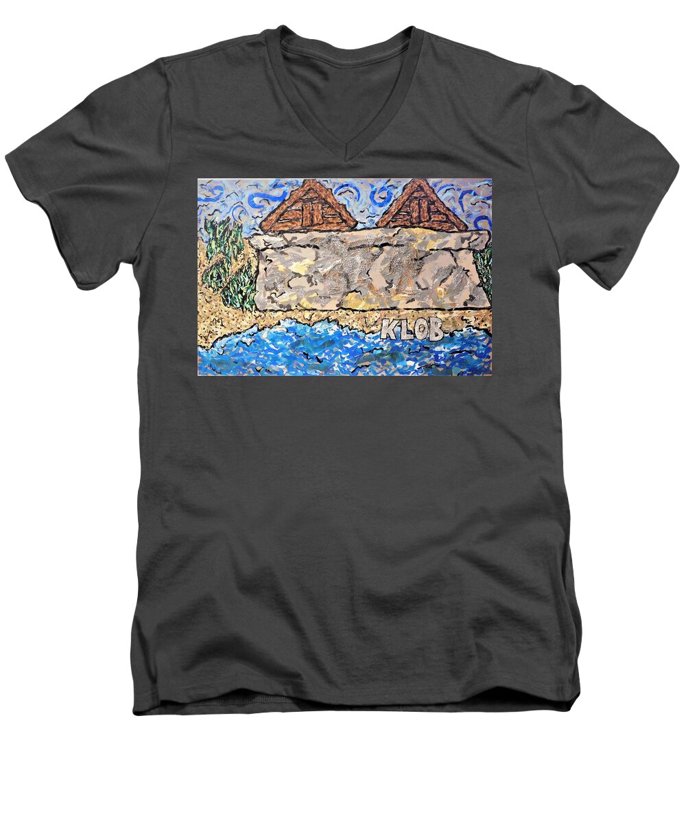 Beach Men's V-Neck T-Shirt featuring the mixed media Beach at the Damaged Seawall by Kevin OBrien