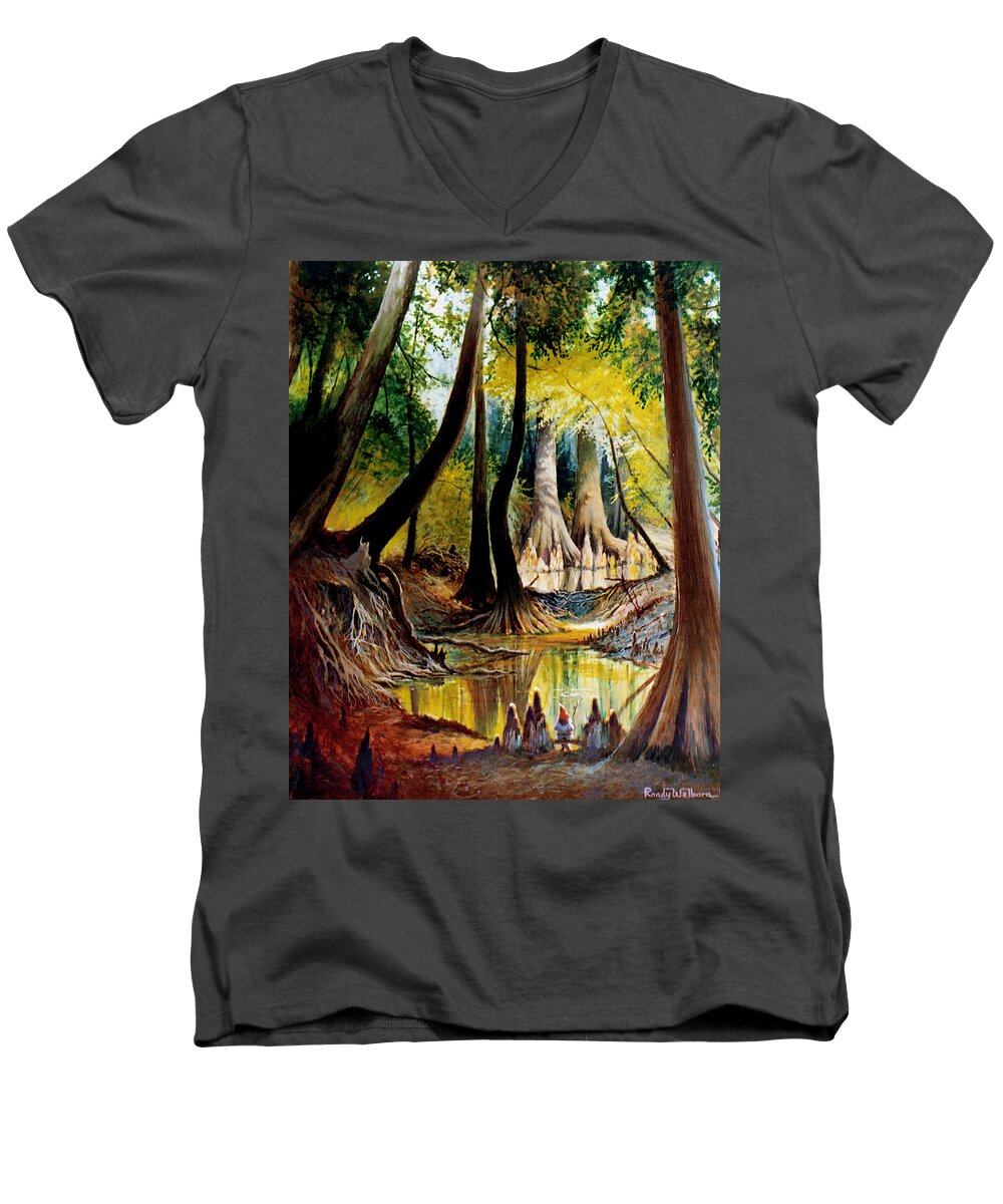 Beaver Dam Men's V-Neck T-Shirt featuring the painting Beaver Dam on Village Creek by Randy Welborn