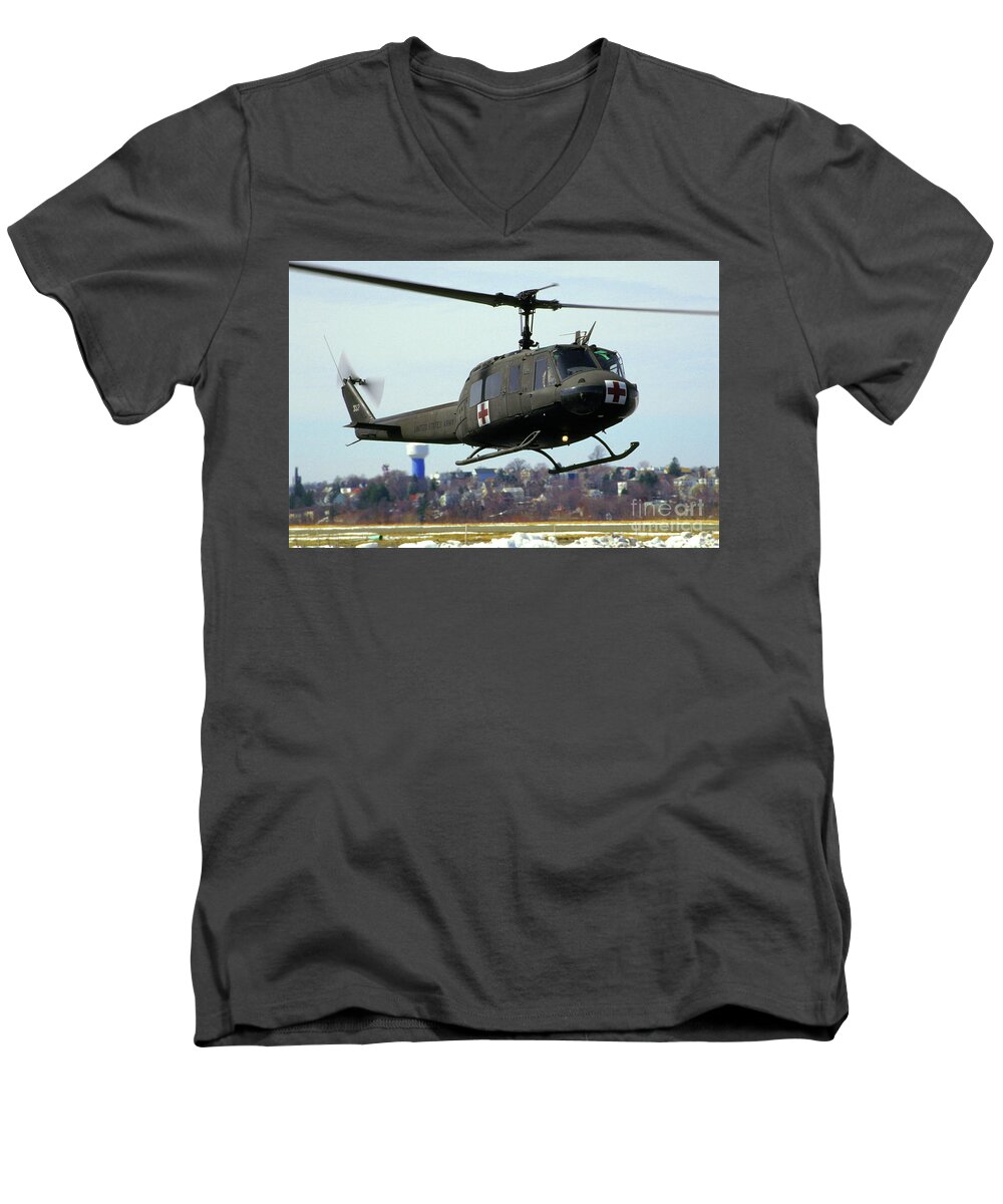 Bell Uh-1 Huey Landing Men's V-Neck T-Shirt featuring the photograph Bell UH-1 Huey Landing, US Army by Wernher Krutein
