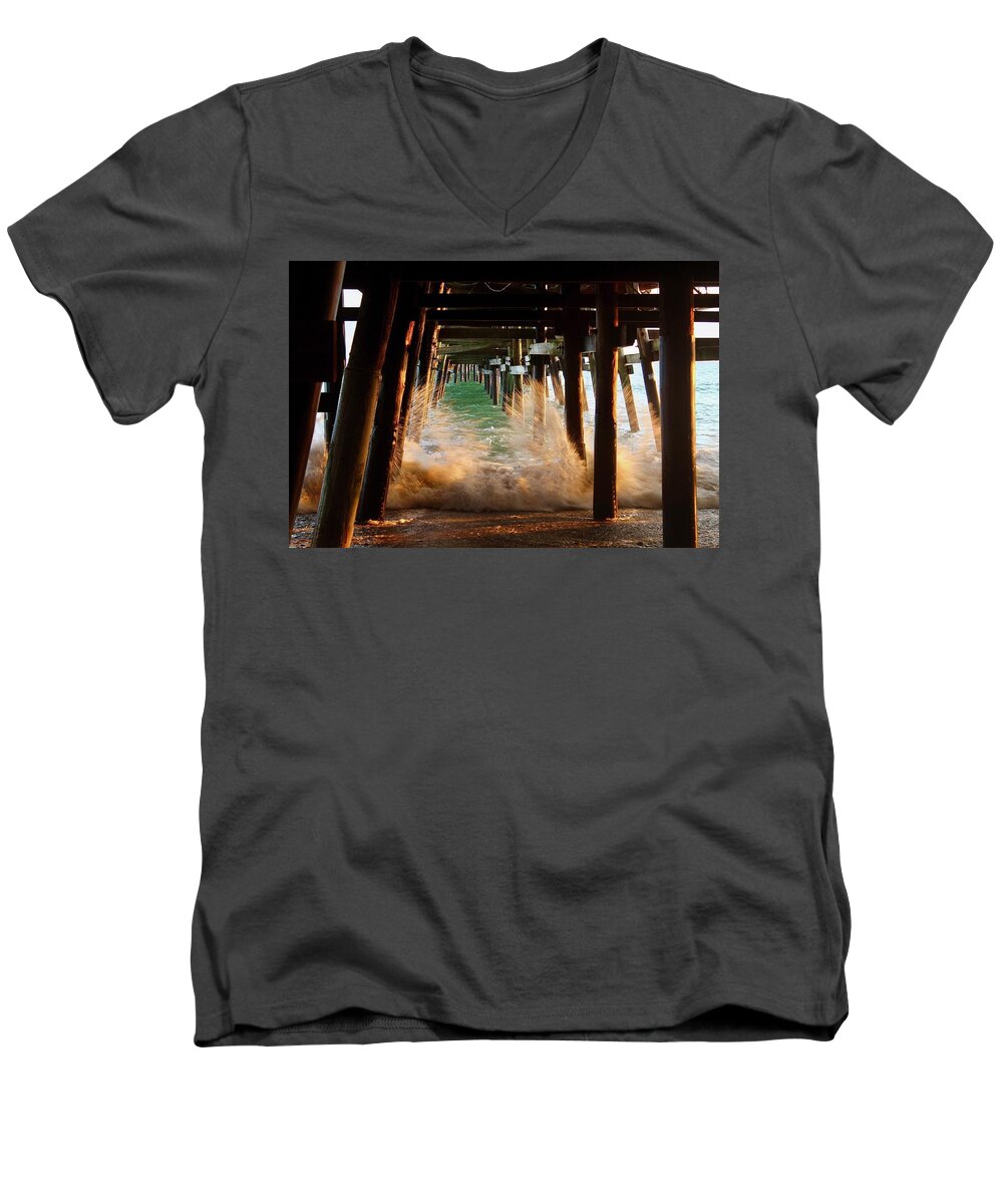 San Clemente Men's V-Neck T-Shirt featuring the photograph Beneath the Pier by Brian Eberly