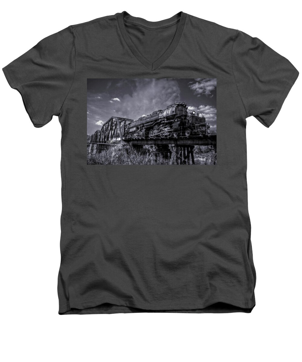 Steam Trains Men's V-Neck T-Shirt featuring the photograph Big Boy 4014 Steam Train in Blue by Linda Unger