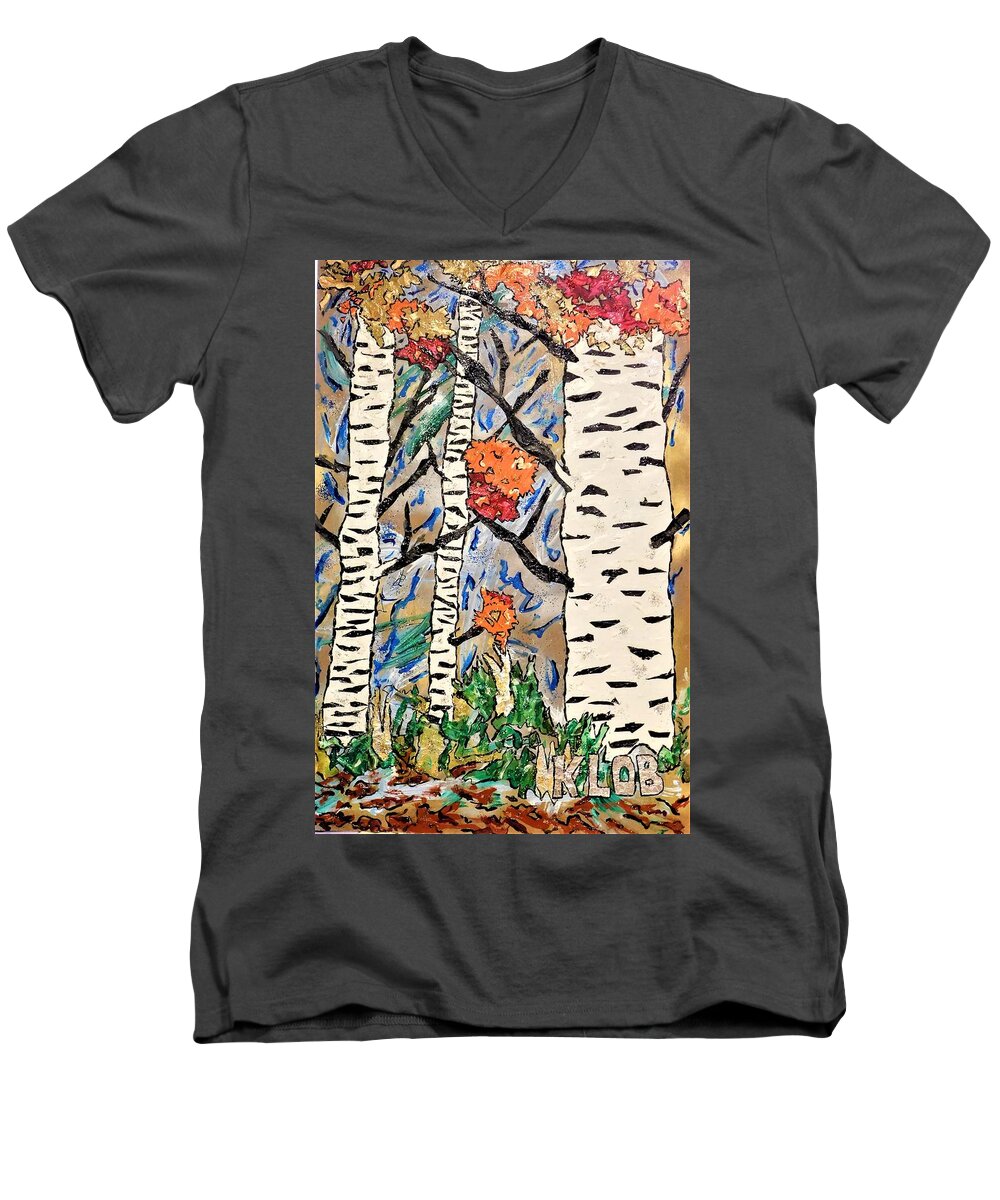 Birch Men's V-Neck T-Shirt featuring the mixed media Birch Tree Fall by Kevin OBrien
