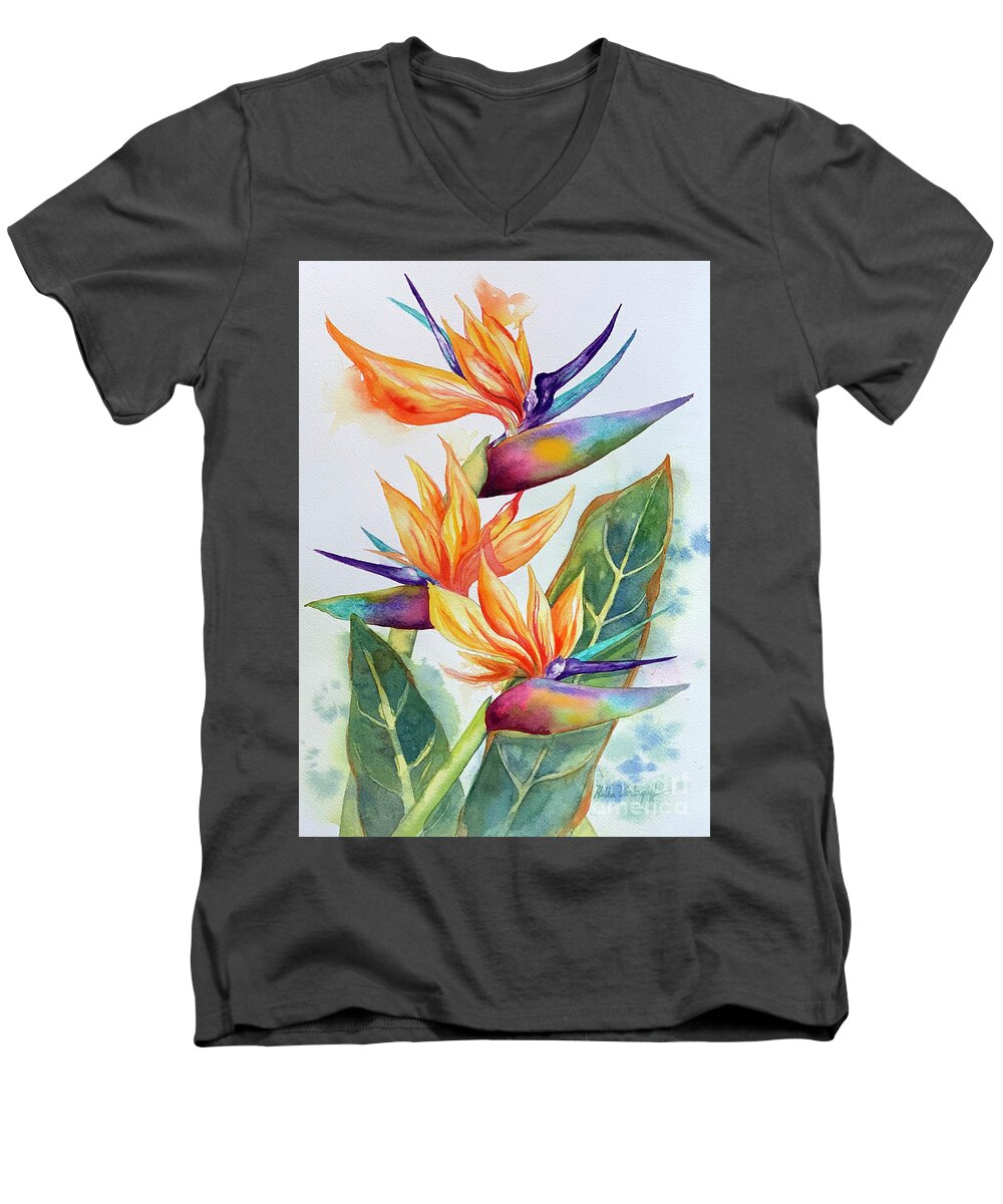 Birdofparadise Men's V-Neck T-Shirt featuring the painting Bird of Paradise Three Flowers by Hilda Vandergriff