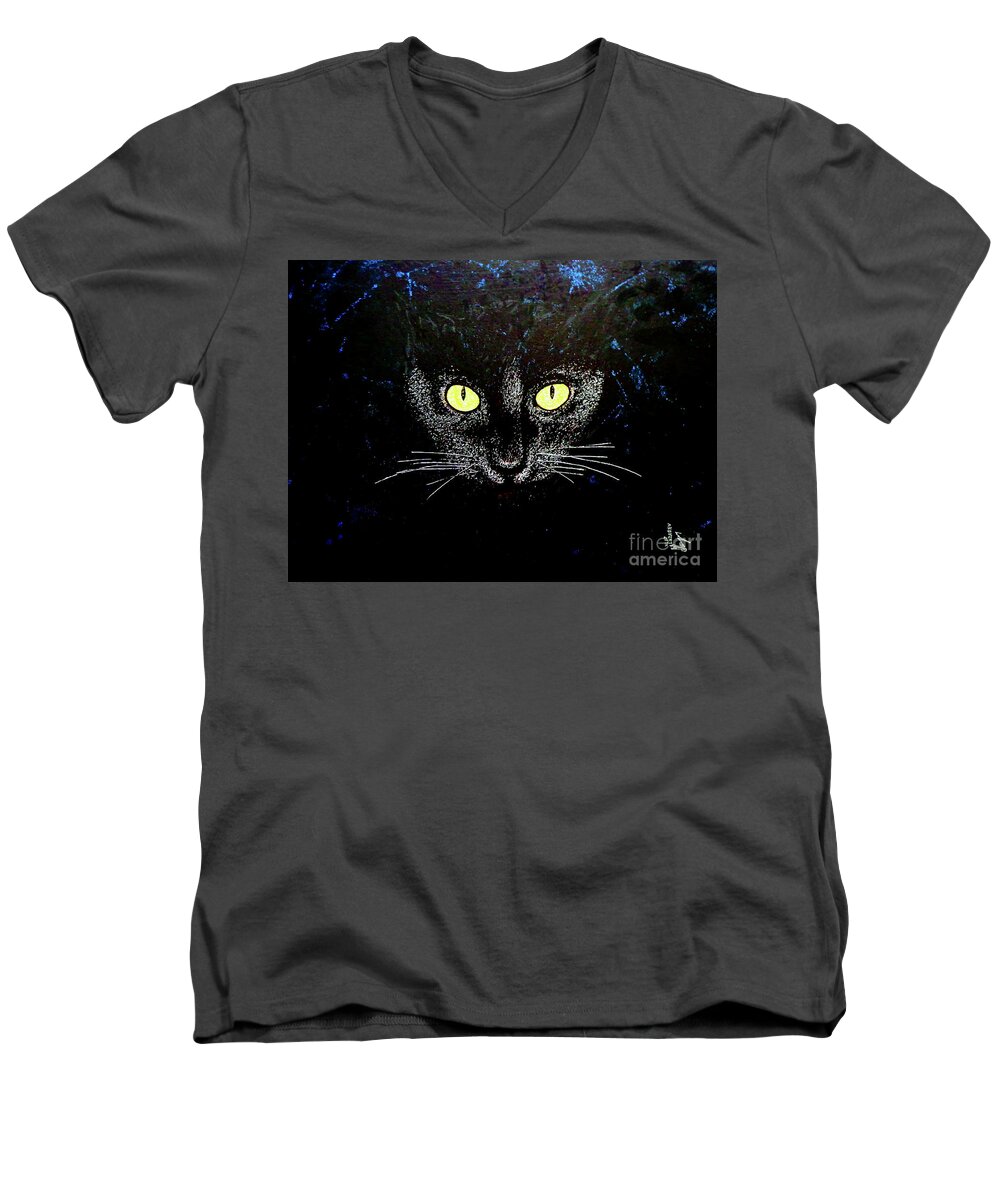 Black Men's V-Neck T-Shirt featuring the painting Black Cat by Viktor Lazarev