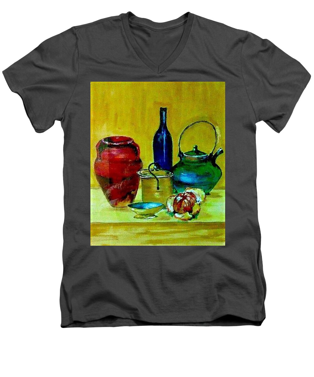 Still Life Men's V-Neck T-Shirt featuring the painting Blue bottle in the middle by Khalid Saeed
