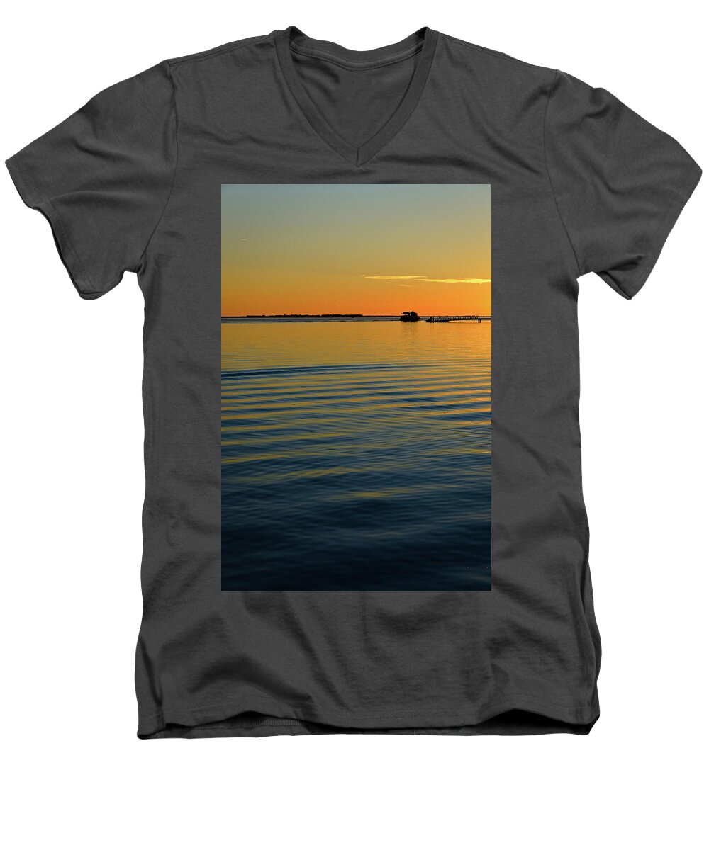 Ria Formosa Men's V-Neck T-Shirt featuring the photograph Boat and dock at dusk by Angelo DeVal