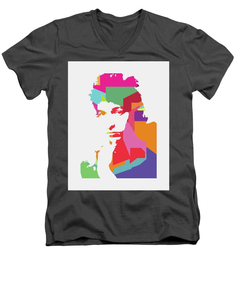 Bob Dylan Men's V-Neck T-Shirt featuring the digital art Bob Dylan 3 POP ART by Ahmad Nusyirwan