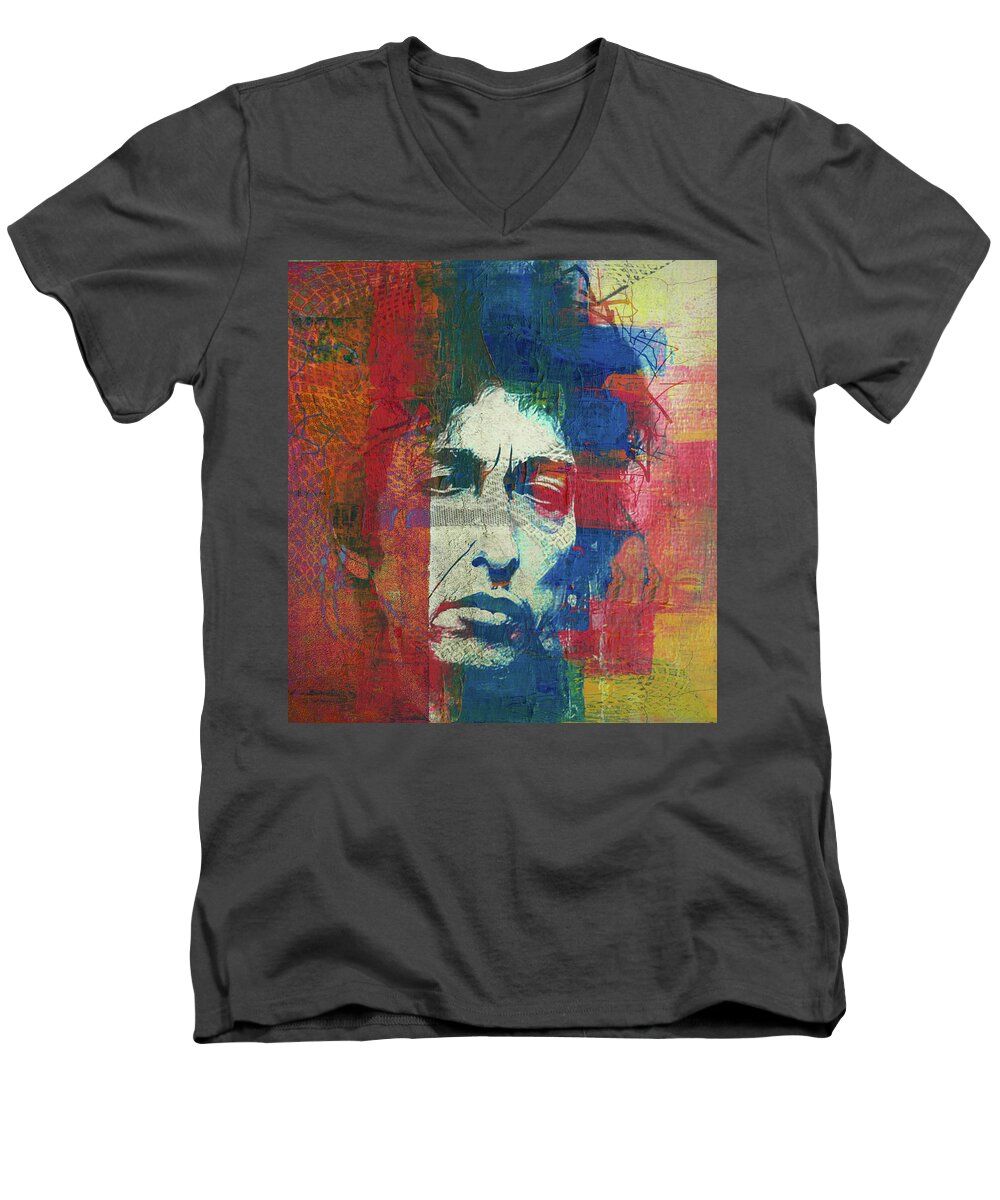  Bob Dylan Men's V-Neck T-Shirt featuring the mixed media Bob Dylan - Infidels by Paul Lovering