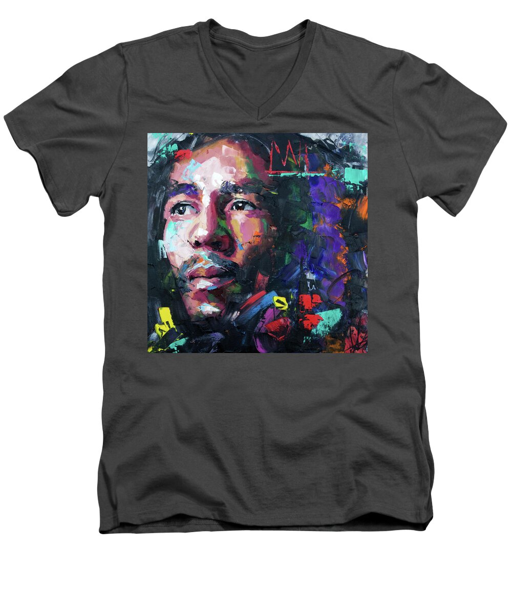 Bob Marley Men's V-Neck T-Shirt featuring the painting Bob Marley V by Richard Day