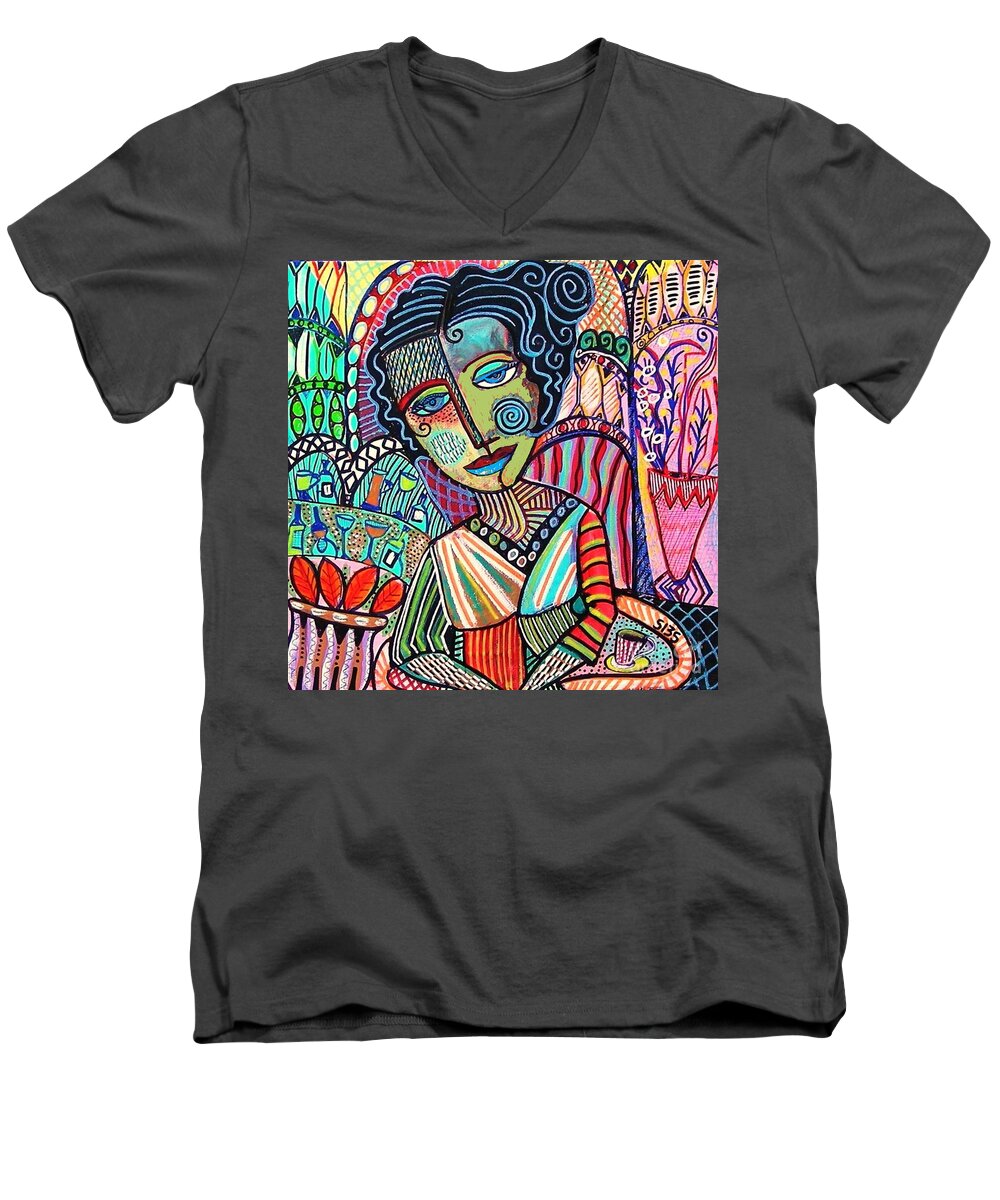 Folk Men's V-Neck T-Shirt featuring the painting Bohemian Wine Cafe Woman by Sandra Silberzweig