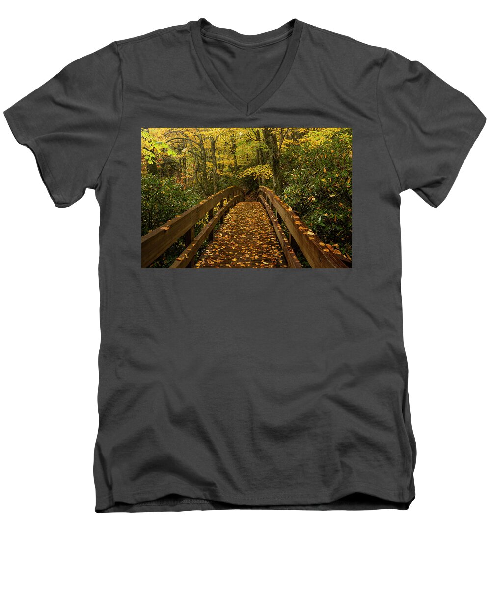 Bridge Men's V-Neck T-Shirt featuring the photograph Tanawha Footbridge- Blue Ridge Parkway by Doug McPherson