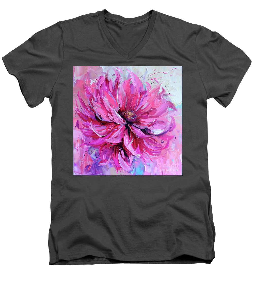 Pink Dahlia Men's V-Neck T-Shirt featuring the painting Bright Pink Dahlia by Tina LeCour