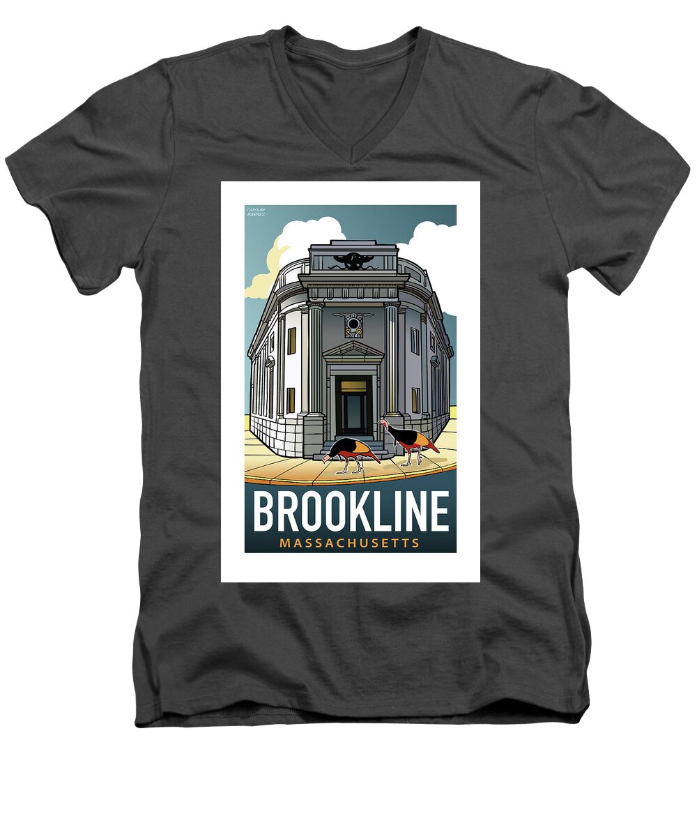 Brookline Men's V-Neck T-Shirt featuring the digital art Brookline Bank Building by Caroline Barnes