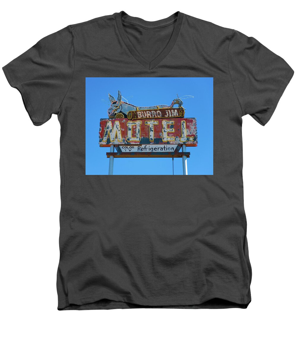 Retro Men's V-Neck T-Shirt featuring the photograph Burro Jim Motel by Matthew Bamberg