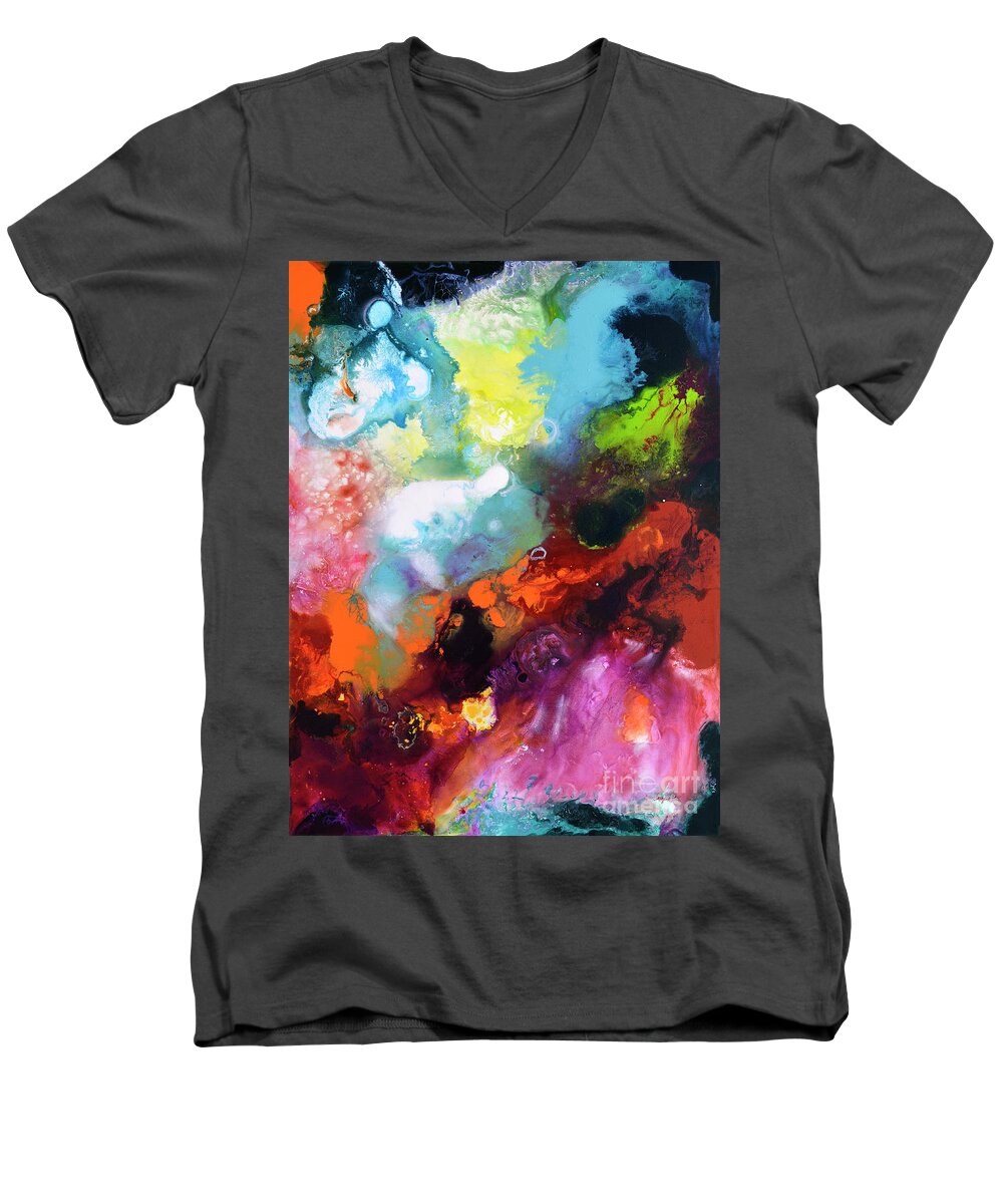 Abstract Men's V-Neck T-Shirt featuring the painting Burst of Light three of three by Sally Trace