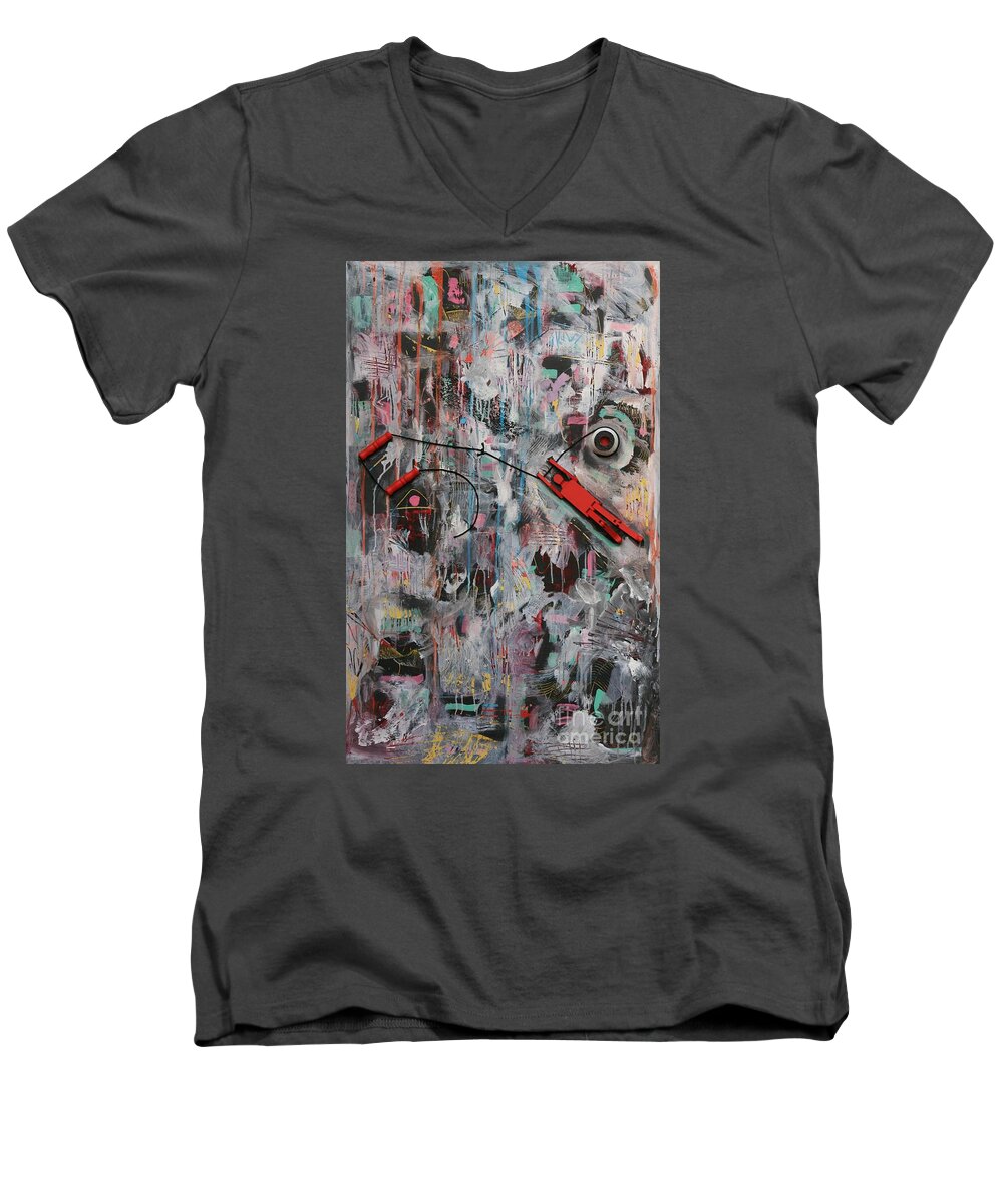 Mixed Media Abstract Men's V-Neck T-Shirt featuring the mixed media By a Thread by Jean Clarke