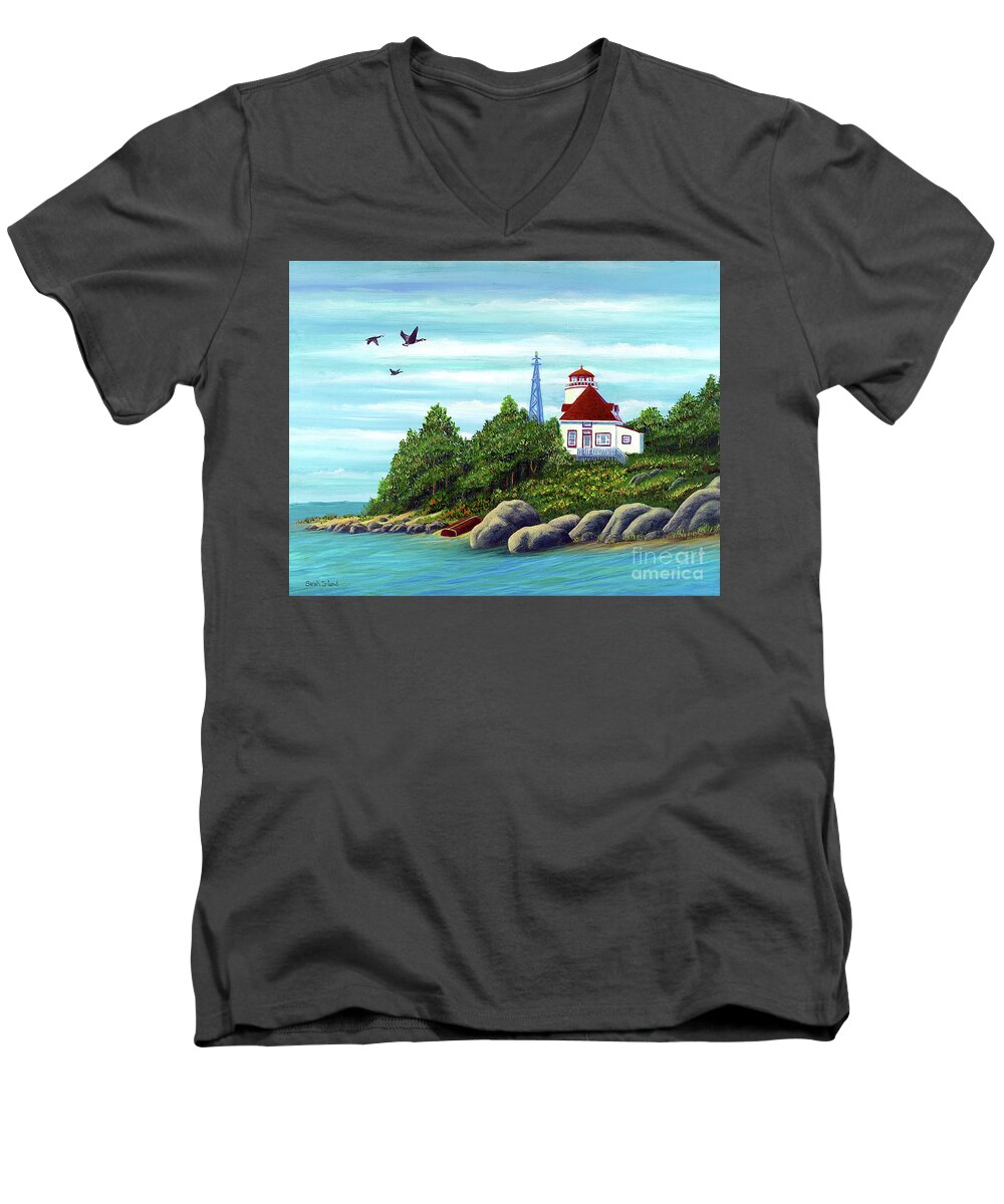 Cabot Men's V-Neck T-Shirt featuring the painting Cabot Head Light by Sarah Irland