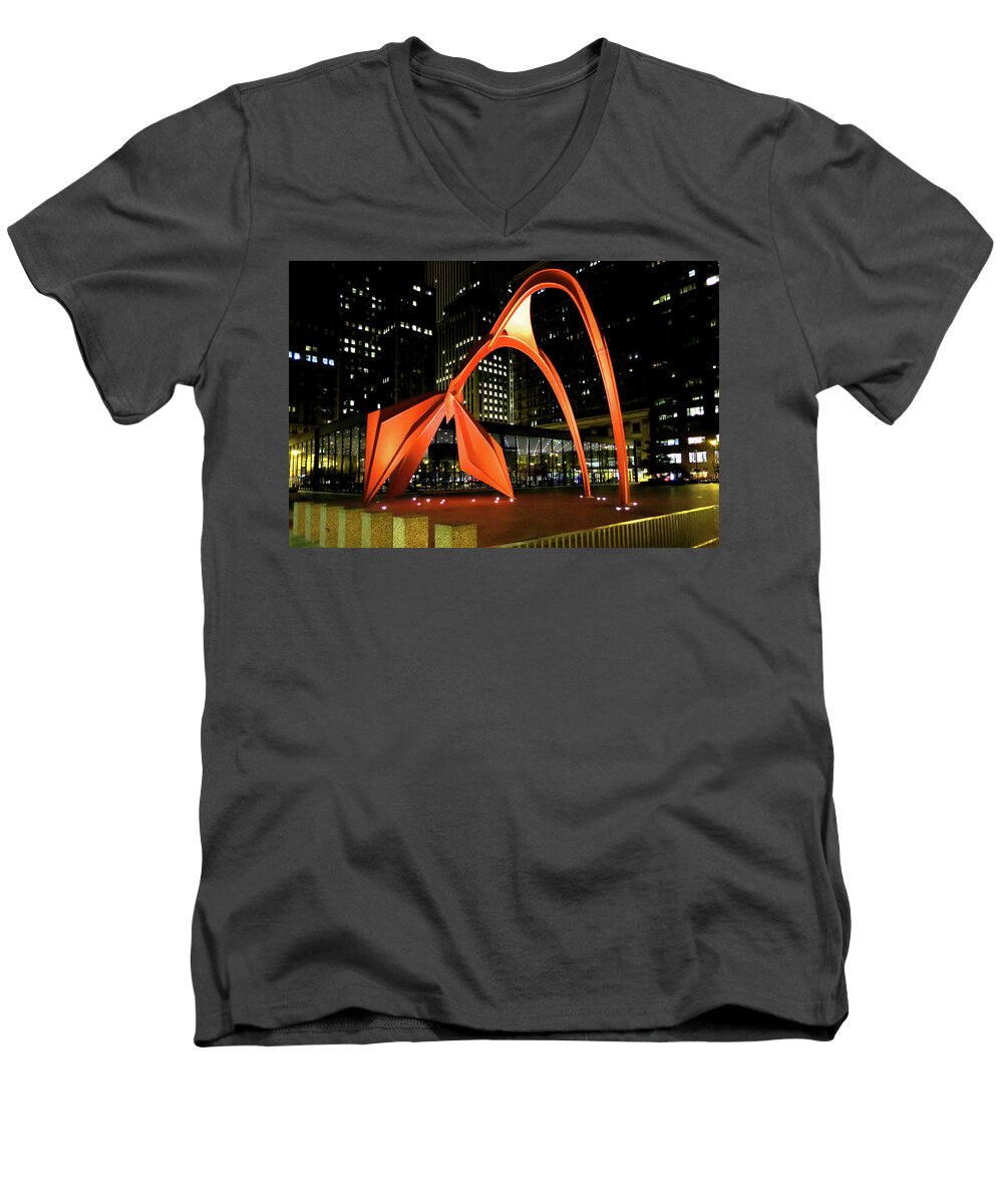 Architecture Men's V-Neck T-Shirt featuring the photograph Calder Flamingo Sculpture Chicago Night by Patrick Malon